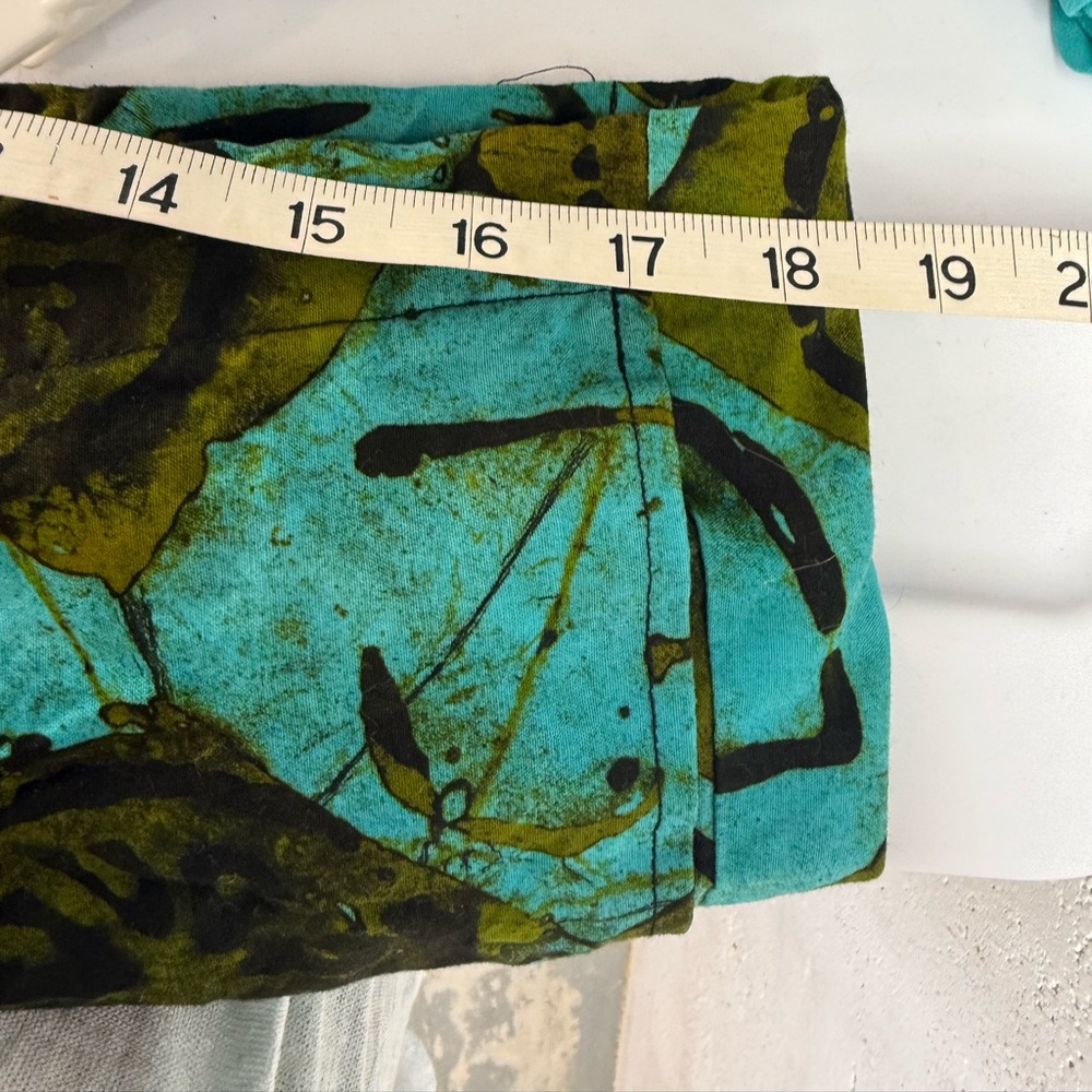 Handmade Casual Relaxed Teal and Black Abstract Print Drawstring Pants Boho - Picture 4 of 8